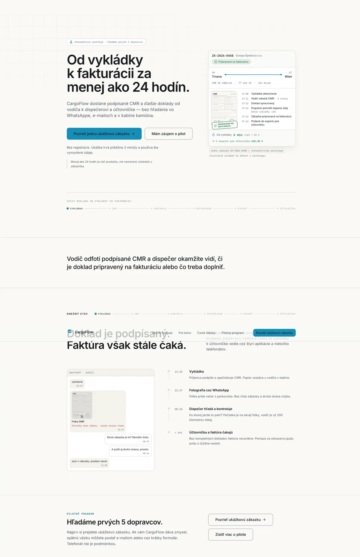 Koncept landing page pre B2B službu určenú dopravným firmám