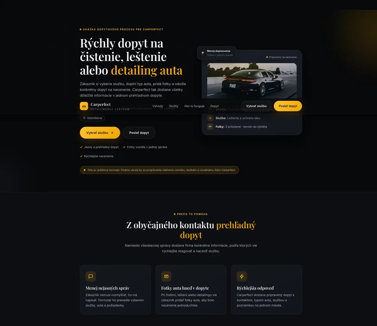 Koncept landing page pre detailingové centrum s dopytovým formulárom