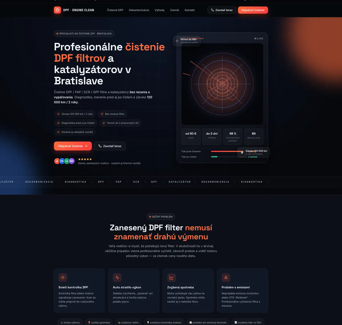 Koncept landing page pre autoservis špecializovaný na čistenie DPF filtrov