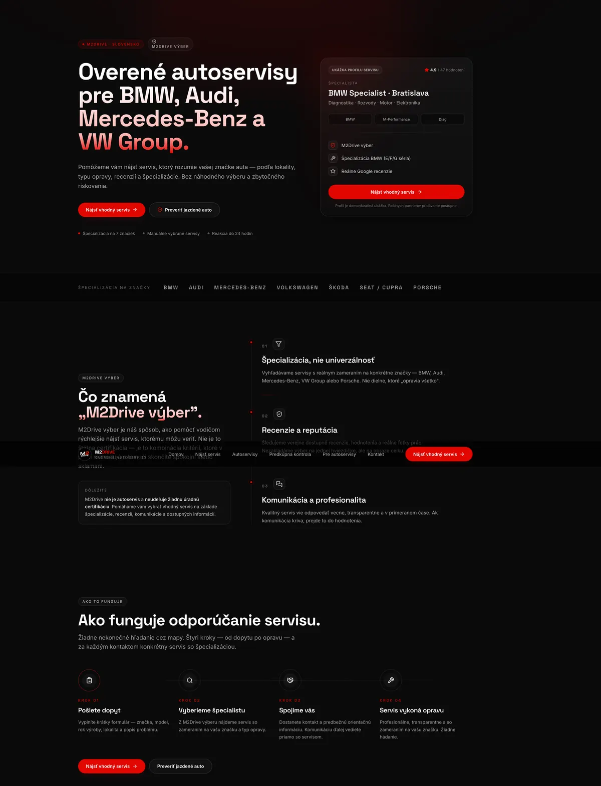 Koncept landing page pre službu odporúčajúcu overené autoservisy pre konkrétne značky áut